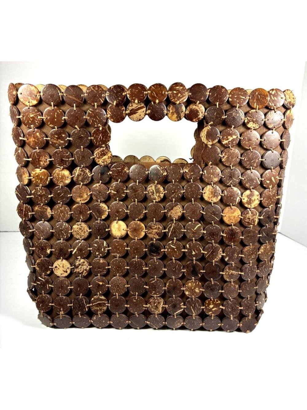 Vintage The Limited Coconut Shell Disc Purse Handbag Brown Boho 10" x 10"